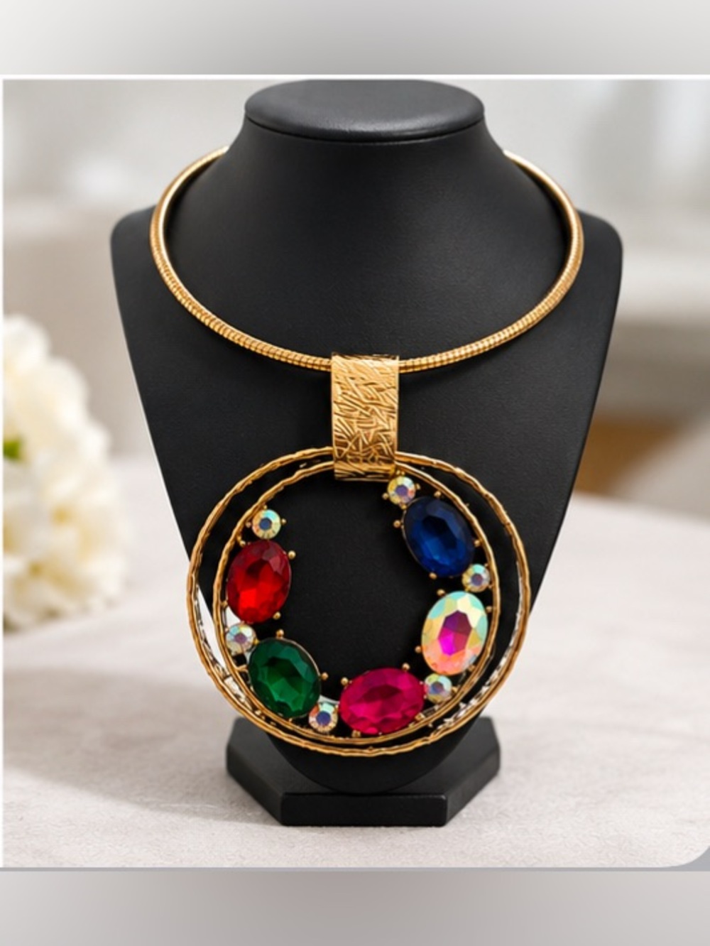 Gold Statement Necklace Set with Multicolor Gemstones